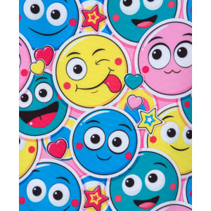 A vibrant patterned fabric featuring colourful smiley faces in blue, yellow, and pink, along with stars and hearts.