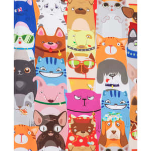 A colourful scrub top featuring various cartoon animals, including cats and dogs, in a playful printed design.
