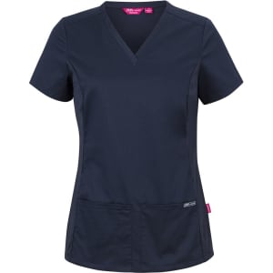 A navy scrub top featuring a V-neck design, short sleeves, and two front pockets. It has a branding logo.