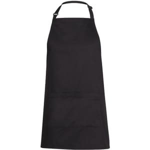 A black work apron featuring a pocket and an adjustable neck strap, with a logo present.
