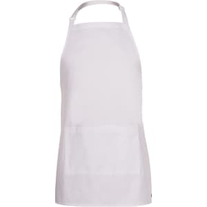 A plain white apron with a front pocket and a neck strap. It features a logo.