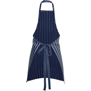 A navy blue striped apron featuring a pocket and adjustable neck strap. It has a tied waist and a branding logo.