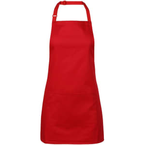 A red workwear apron featuring adjustable neck straps and a front pocket. Includes a logo.