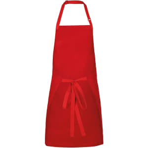 A red apron with a tie waist and adjustable neck strap, featuring a logo.