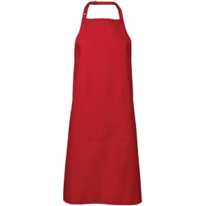 A red apron with a neck strap and a front pocket, featuring branding.