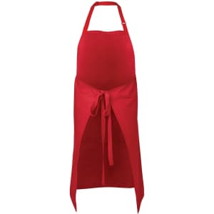 A red work apron featuring a tie closure and adjustable neck strap, with a logo displayed.