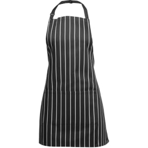 A black apron with white stripes and an adjustable neck strap, featuring a front pocket and a branded logo.