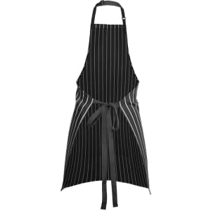 A black and white striped apron featuring a waist tie and an adjustable neck strap, with a logo present.