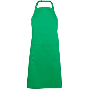 A green apron with an adjustable neck strap and a front pocket, featuring a logo.