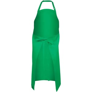A green apron featuring a tie at the waist and a neck strap, with a logo at the bottom.
