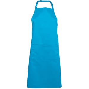 A bright blue apron featuring a front pocket and an adjustable neck strap, with a logo.