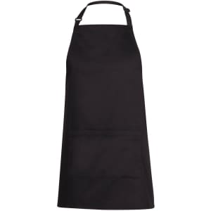 A black work apron featuring a front pocket and an adjustable neck strap. Includes a logo.