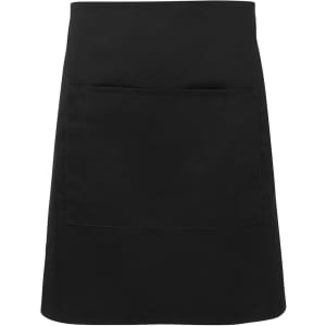 A black apron featuring a front pocket and a simple design, suitable for workwear. It has a branded logo.