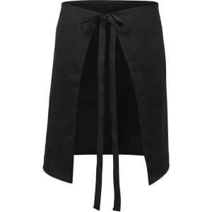 A black apron with a front opening and tie closure at the waist. Features a smooth, shiny texture and has a logo.