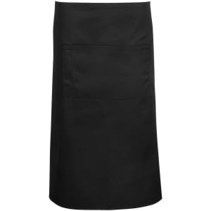 A black work apron featuring a large front pocket and a simple design. It includes a logo.