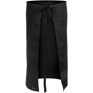 A black apron with a tie closure, featuring a simple design and an unobtrusive logo.