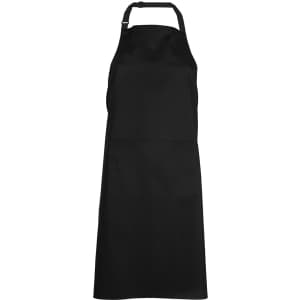 A black apron with a front pocket and adjustable neck strap, featuring a logo.