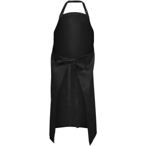 A black apron with a tie waist and adjustable neck strap, featuring a logo.