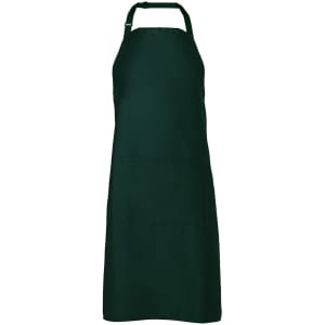 A dark green apron featuring a front pocket and an adjustable neck strap. The design includes a logo.