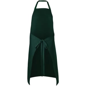 A dark green apron featuring a tie at the waist and a neck loop, with a branding logo.