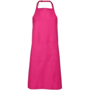 A pink work apron with a halter neck design and a front pocket, featuring a logo.