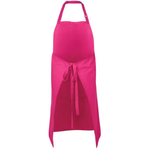 A bright pink apron with a tie closure and adjustable neck strap, featuring a branding logo.