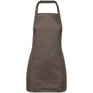 A dark green apron with a front pocket and an adjustable neck strap, featuring a logo.