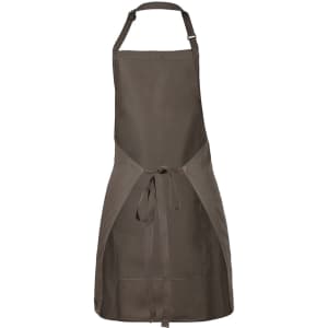 A brown workwear apron featuring an adjustable neck strap and waist ties, with a logo on it.