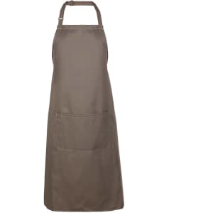 A khaki-coloured workwear apron featuring a front pocket and an adjustable neck strap. It has a logo on it.