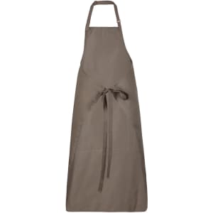 A brown work apron with a tie waist, featuring a logo, designed for various tasks.