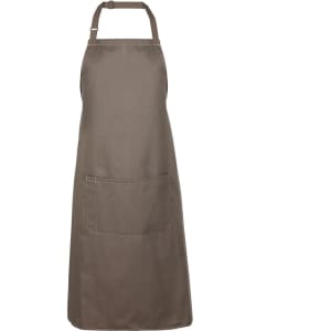 A brown work apron featuring a front pocket and an adjustable neck strap. It includes a logo.