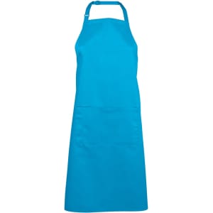 A bright turquoise apron with a single front pocket and an adjustable neck strap. It features a logo.