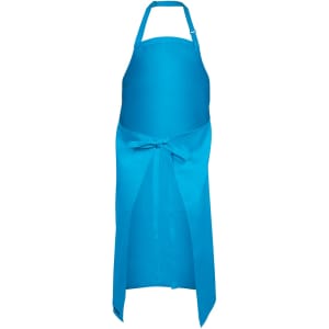 A bright blue apron with a tie-back design and adjustable neck straps. It features a logo.