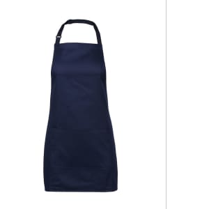 A navy blue apron featuring a pocket and an adjustable neck strap, designed for workwear use.