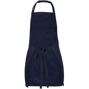 A navy blue apron featuring a tie closure and front pockets, with a logo on the fabric.