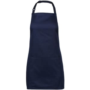 A navy blue apron featuring a front pocket and an adjustable neck strap. It has a logo branding.