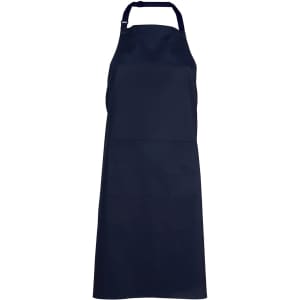 A navy blue apron with an adjustable neck strap and a front pocket. It features a logo or branding.