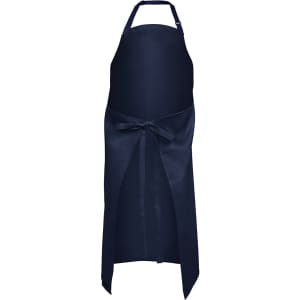 A navy blue apron featuring a tie at the waist and a neck strap. It has a simple design with a logo.