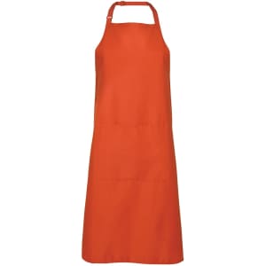 An orange work apron featuring a central pocket and a neck loop, designed for practical use.