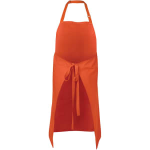 An orange workwear apron with a halter neck, tie waist, and an open front design. It features a logo.