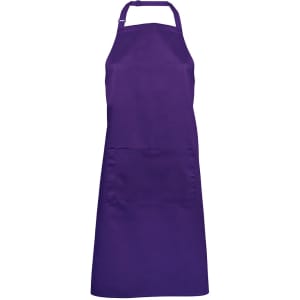A purple workwear apron with a pocket and an adjustable neck strap. It features a logo.