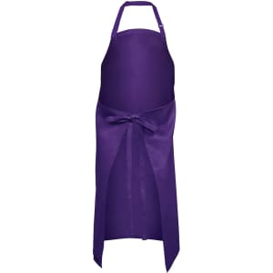 A purple apron with adjustable neck and waist ties, featuring a smooth fabric and a logo.