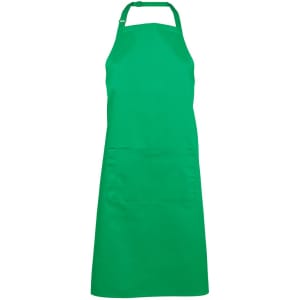 A bright green apron featuring a front pocket and an adjustable neck strap, with a logo present.