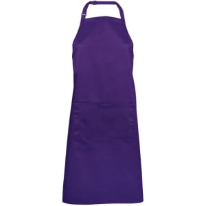 A purple apron featuring a front pocket and an adjustable neck strap. It has a simple design and includes branding.
