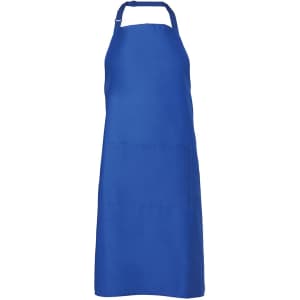 A blue apron featuring a front pocket and an adjustable neck strap, with a logo present.