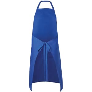 A blue work apron featuring a tie at the waist and an adjustable neck strap. It has a logo.