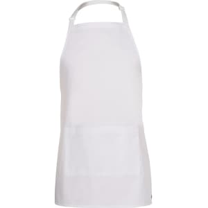 A white apron featuring a front pocket and a neck strap, with a logo on the side.