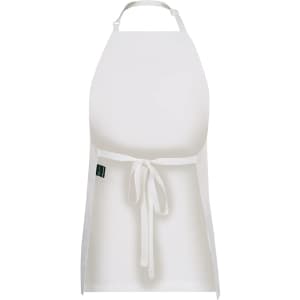 A white apron with a tie at the waist and a logo, suitable for workwear purposes.