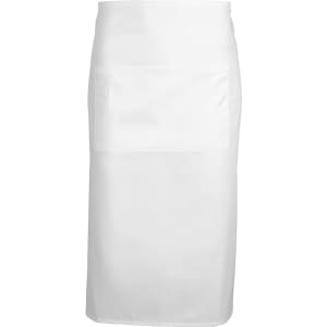 A white apron featuring a front pocket and a plain design, suitable for workwear. It has a logo on it.