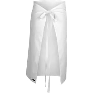 A white apron with a tie closure, featuring a sleek design and a branding label at the bottom.
